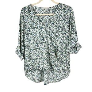 Beacon Surplice Wrap Blouse Womens Small 3/4 Roll Tab Sleeve High Low Blue Green